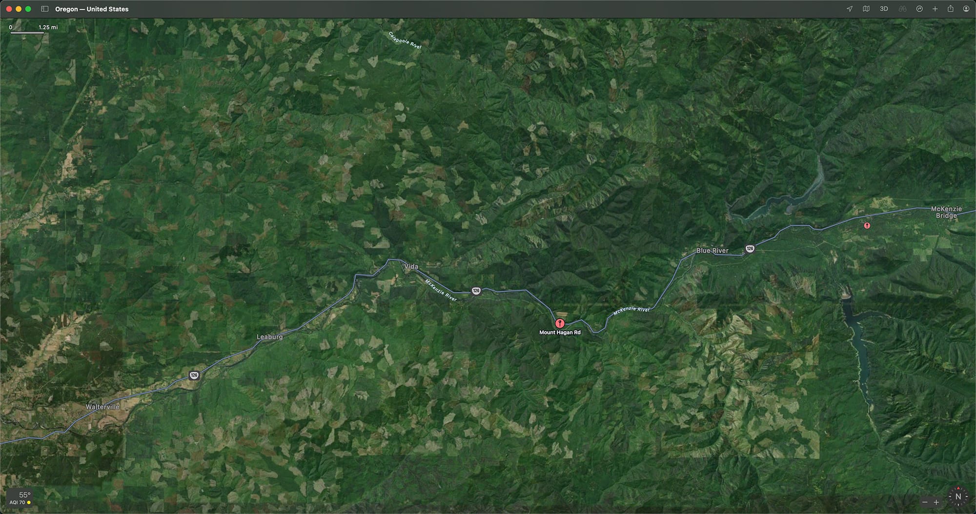 A satellite view of the McKenzie River Valley, with my place near Mount Hagan Rd (roughly centered red pin... pin further east is around where the fire started)